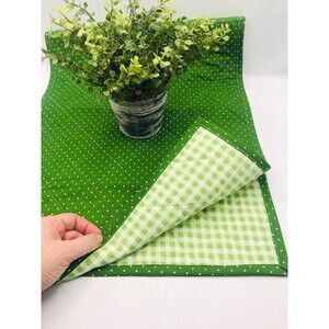 Handmade Machine Quilted Table Runner Green Dots Gingham Reversible 40x15 Inch